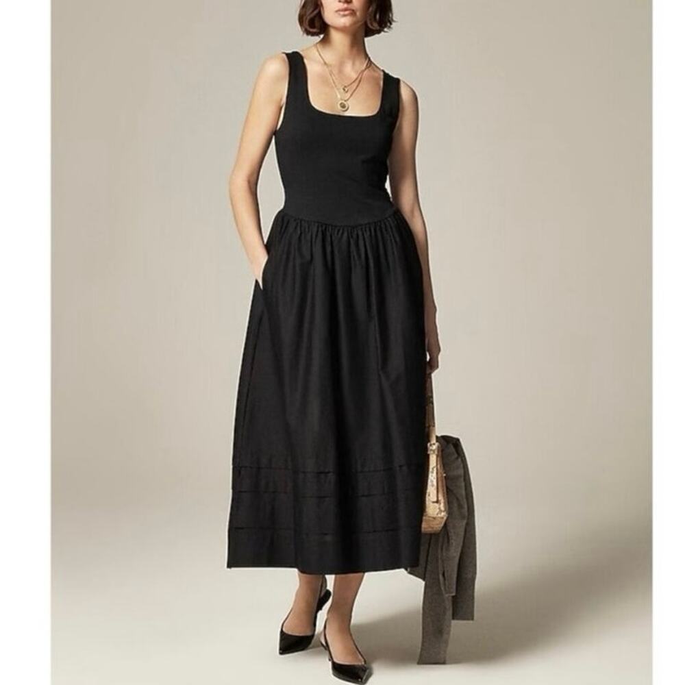 NWT J.Crew Drop-Waist Cotton Poplin Pintuck Mixy Dress Black Size Small